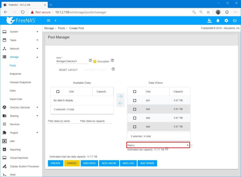 Configurer le pool Raid-Z sur FreeNAS