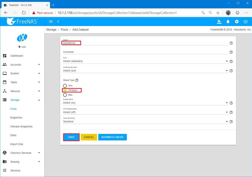 Configuration de l'ensemble de données FreeNAS