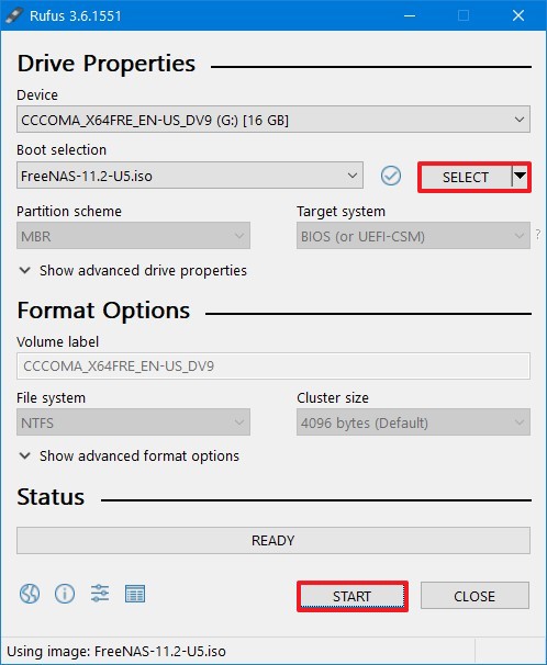 Application Rufus pour créer une clé de démarrage USB FreeNAS