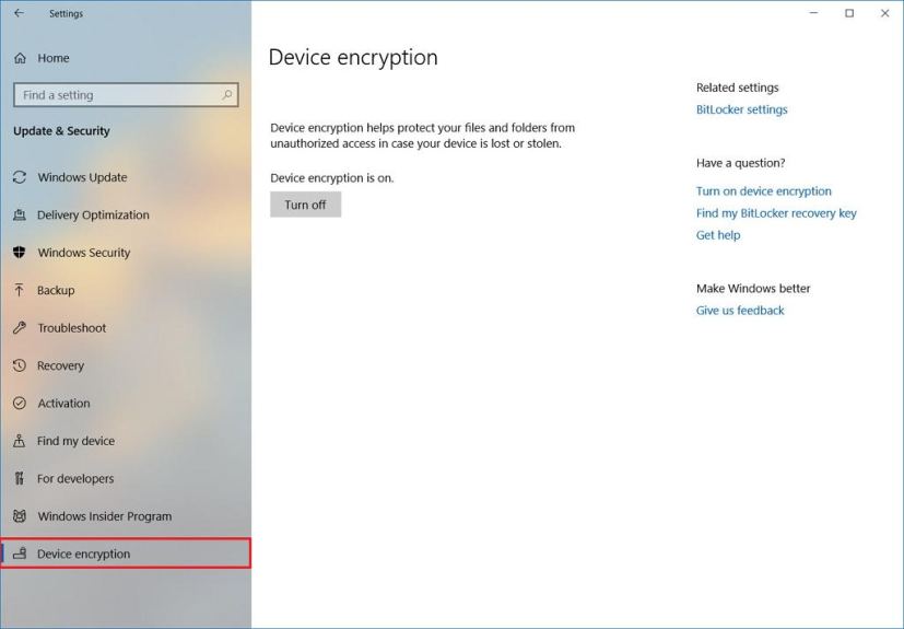 Cryptage de l'appareil dans les paramètres de Windows 10