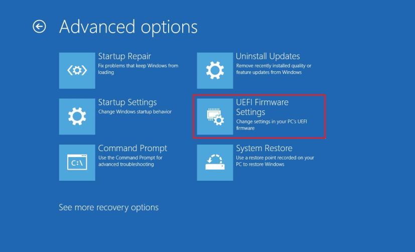 Option UEFI sur les paramètres de démarrage avancés pour Windows 10