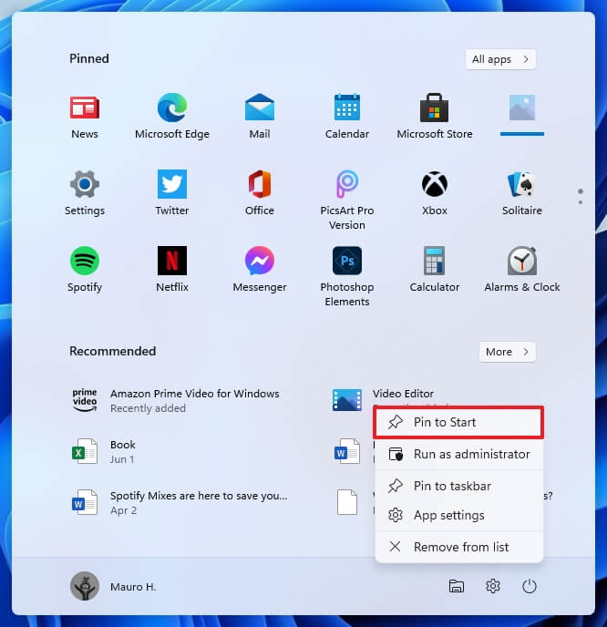 Élément d'épingle du menu Démarrer de Windows 11