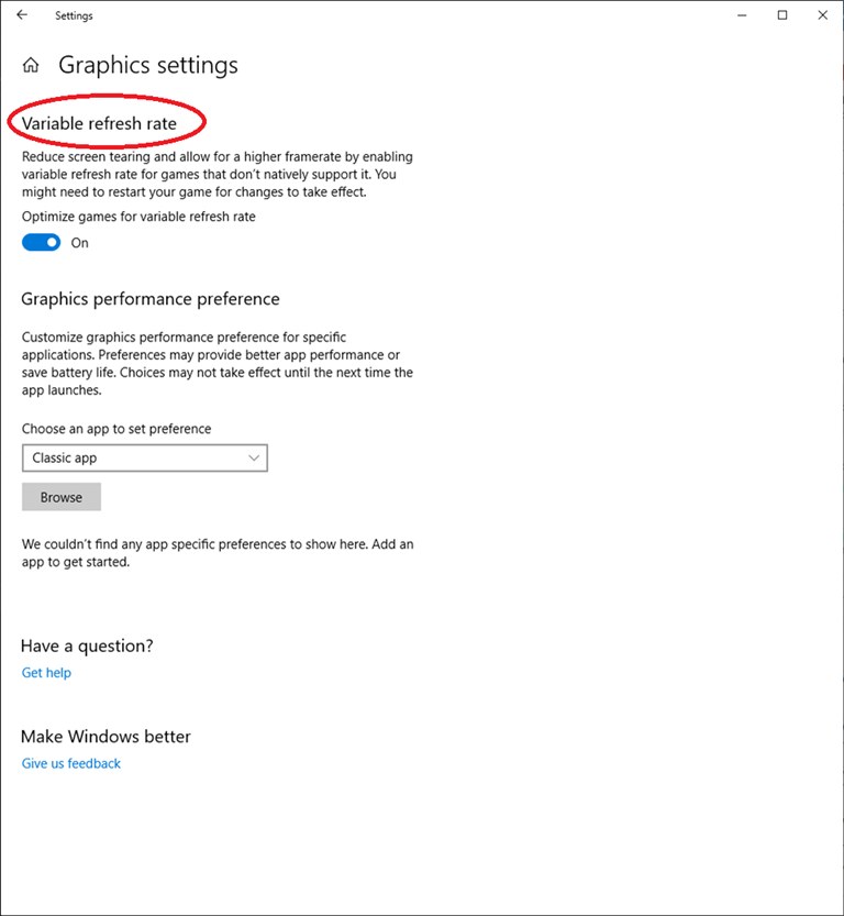 Paramètre de taux de rafraîchissement variable sur Windows 10