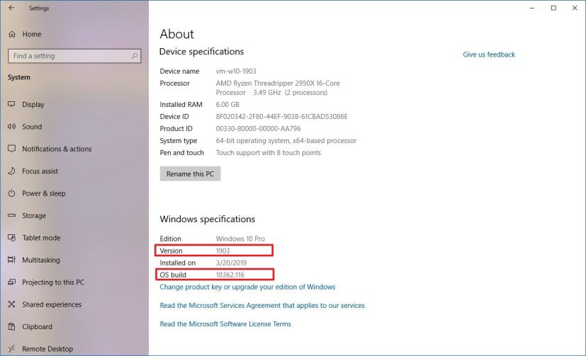 Vérification de la mise à jour de Windows 10 mai 2019 à l'aide de la page À propos des paramètres