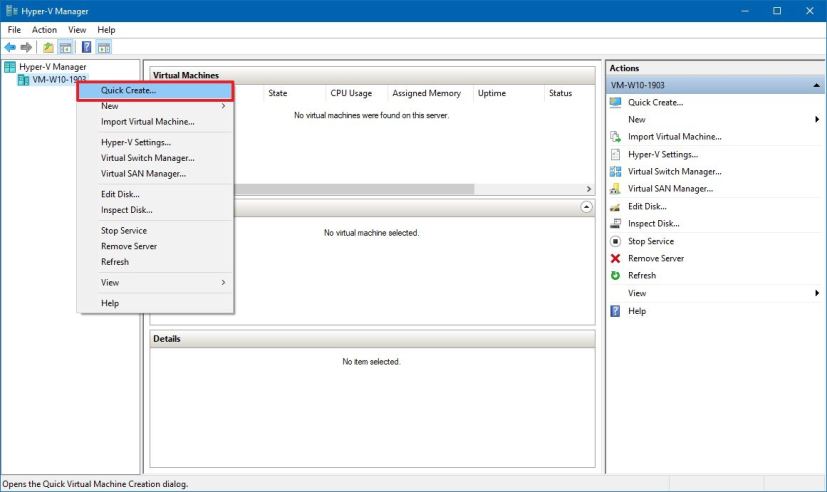 Option de création rapide du Gestionnaire Hyper-V