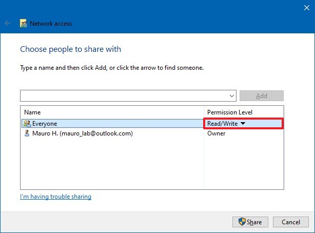 Définir les autorisations des dossiers partagés sur Windows 10