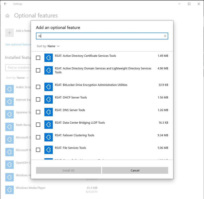 Paramètres des fonctionnalités facultatives sur Windows 10 version 2003