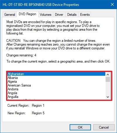 Modifier les paramètres de région du lecteur de DVD sous Windows 10