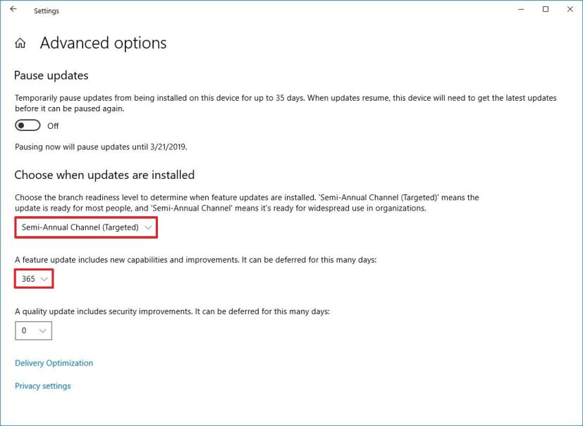   Options avancées de Windows Update pour différer la version 1903