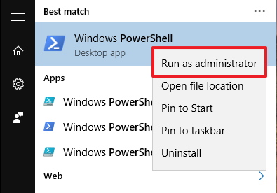 Ouvrez PowerShell en tant qu'administrateur