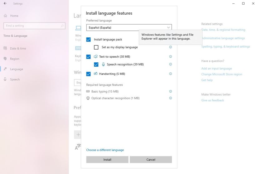 Améliorations de l'installation de la langue avec info-bulle sur Windows 10 20H1