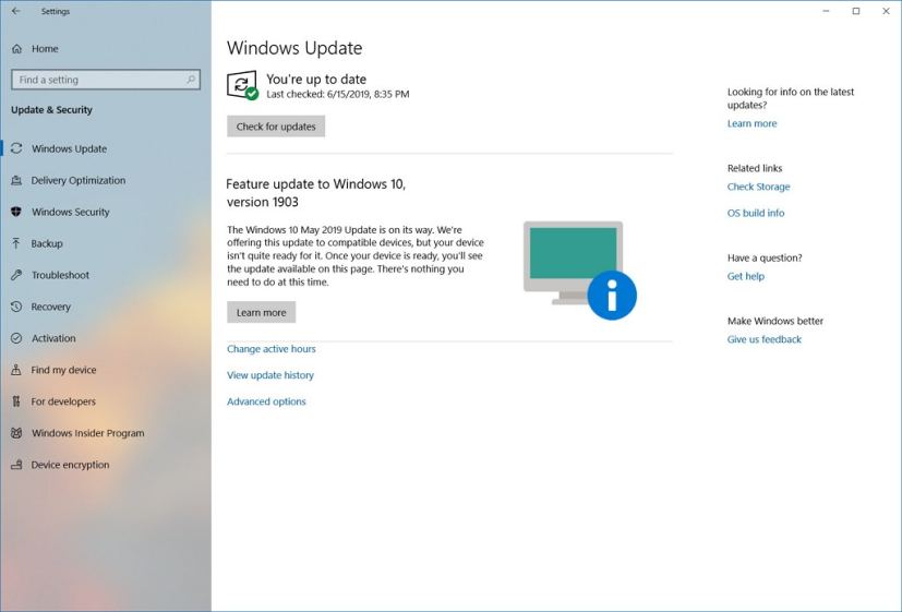 Windows Update, message de mise à jour de mai 2019 non prêt