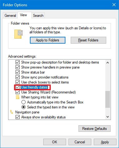 Options des dossiers, option Utiliser les dates conviviales