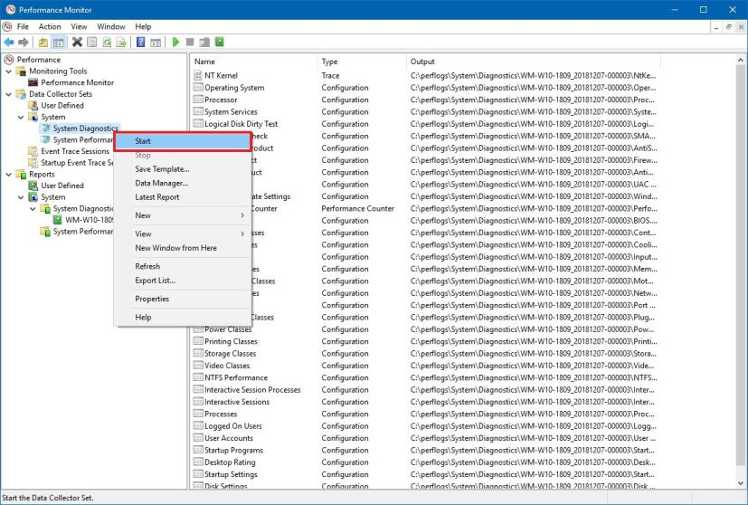 Moniteur de performances Diagnostics du système