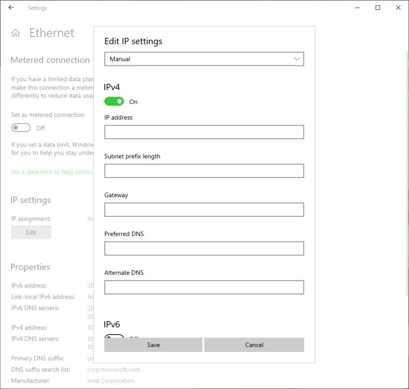 Paramètres Ethernet TCP/IP de Windows 10