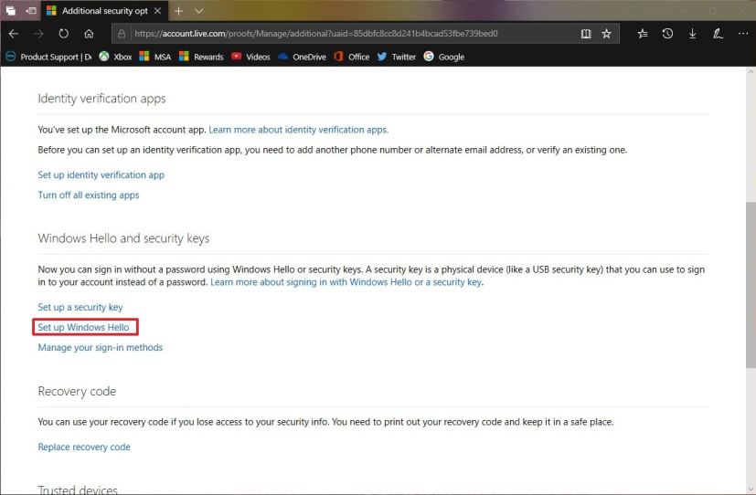 Compte Microsoft Windows Hello et paramètres de clé de sécurité