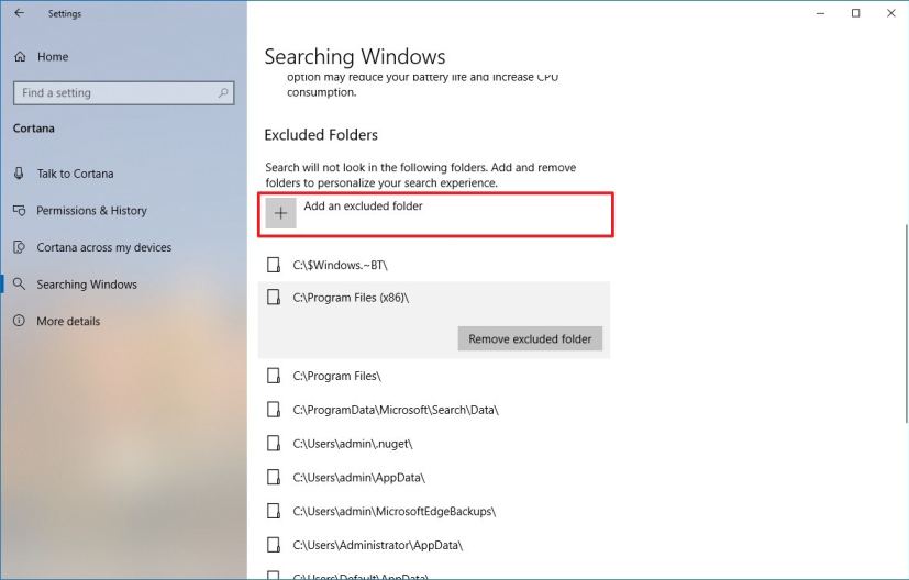 Exclure les dossiers de la recherche sur Windows 10 version 1903