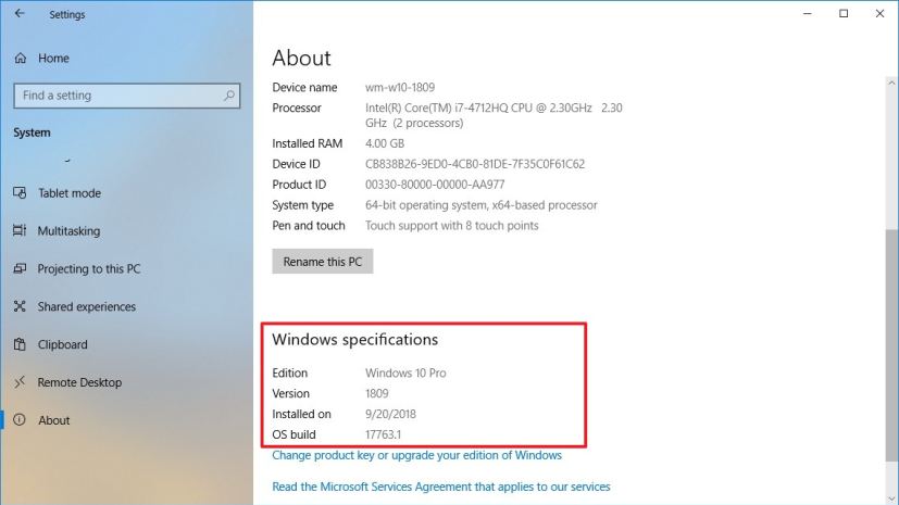 Vérification de la mise à jour Windows 10 d'octobre 2018 à l'aide de la page À propos des paramètres