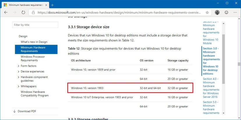 Windows 10 version 1903, 32 Go de stockage requis 