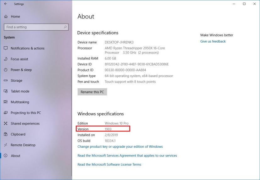 Informations sur Windows 10 version 1903