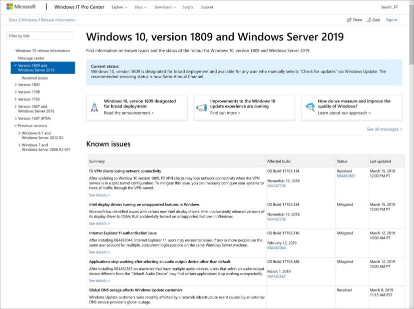 Tableau de bord de santé de Windows 10 à partir de la version 1903