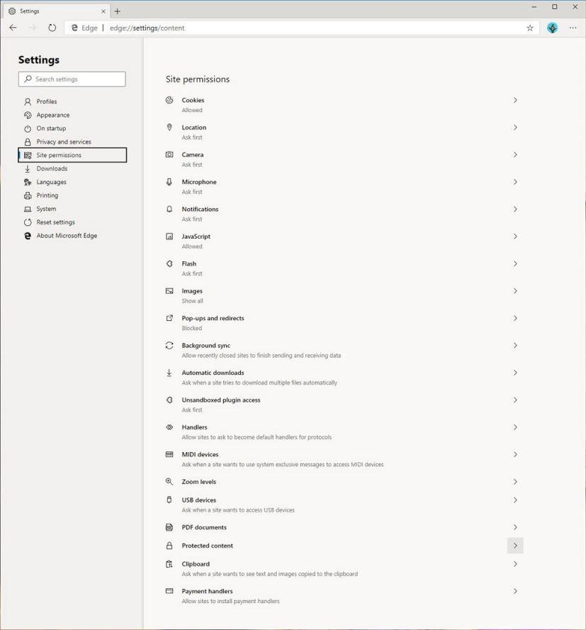 Page Microsoft Edge, Chromium, Autorisations du site