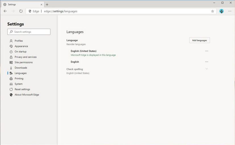 Page Microsoft Edge, Chromium, Langues