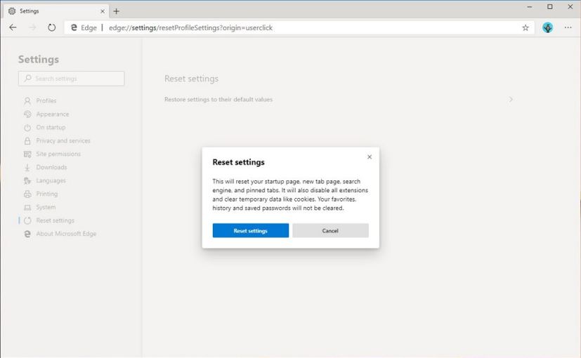 Microsoft Edge, Chromium, page des paramètres de réinitialisation