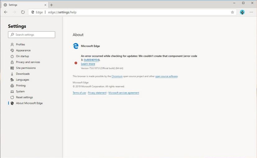 Microsoft Edge, Chromium, page À propos