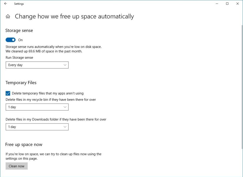 Windows 10 Storage Sense en version 1803