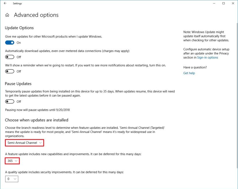 Options avancées de Windows Update pour différer la version 1809