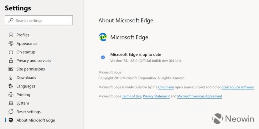 Microsoft Edge (Chromium) à propos