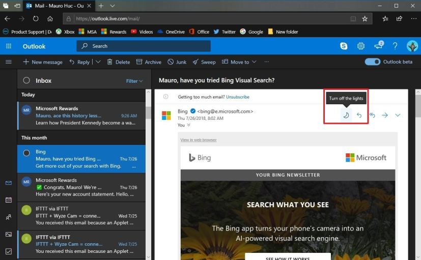 Désactiver les paramètres du mode sombre dans le message Outlook.com