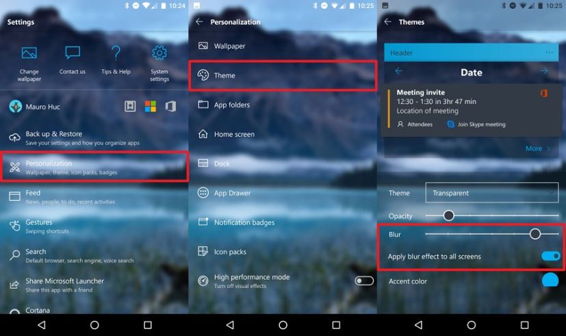 Paramètres d'effet de flou du thème Microsoft Launcher