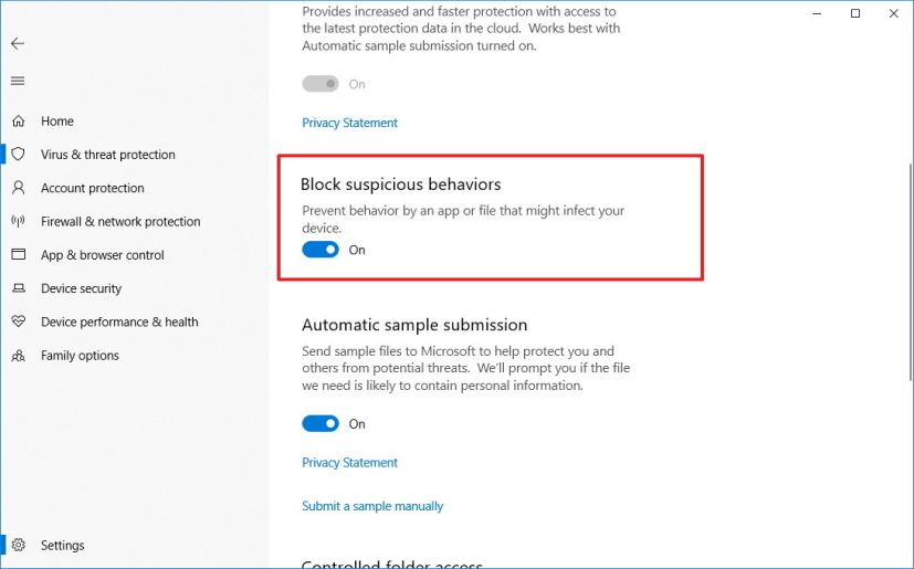 Fonctionnalité de blocage des comportements suspects sur Windows 10 version 1809