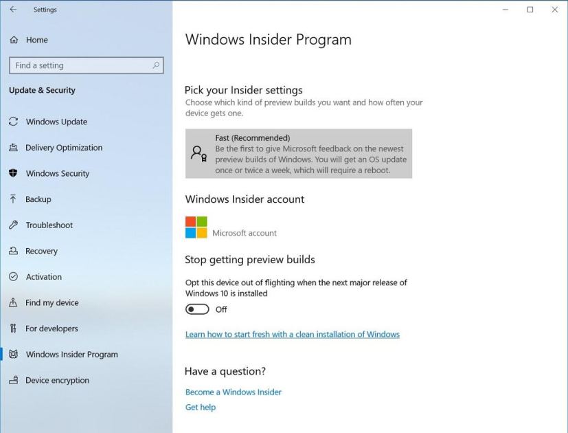 Page des paramètres du programme Windows Insider sur Windows 10 version 1903