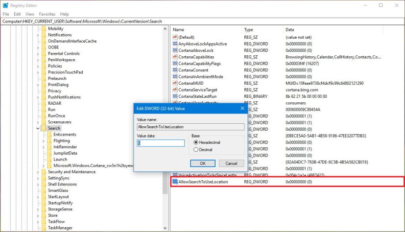 AllowSearchToUseLocation regedit