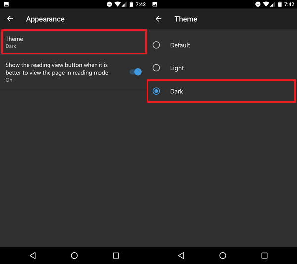 Option de thème sombre pour Microsoft Edge sur Android