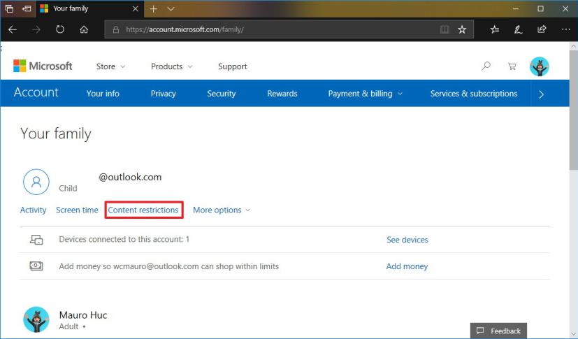 Paramètres de restrictions de contenu du compte Microsoft 