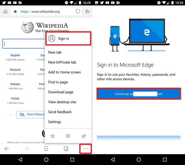 Configuration du compte Microsoft Edge sur Android