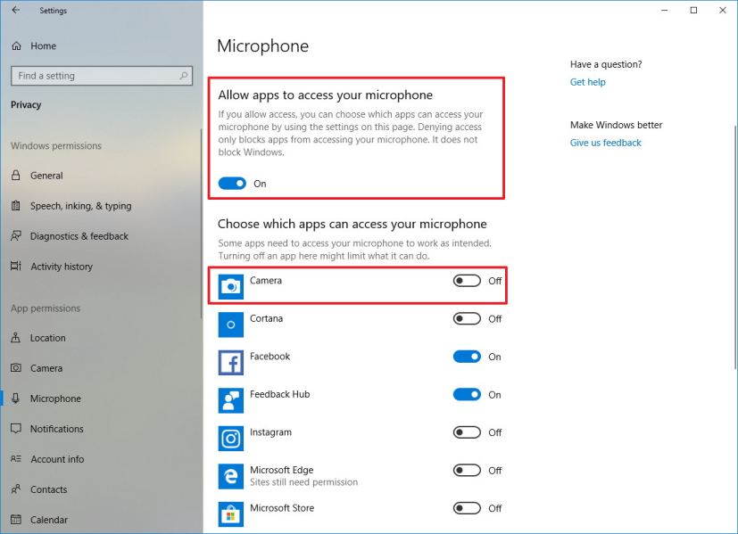 Paramètres d'accès au microphone sous Windows 10