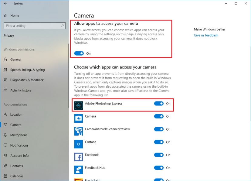 Paramètres d'accès à la caméra sous Windows 10