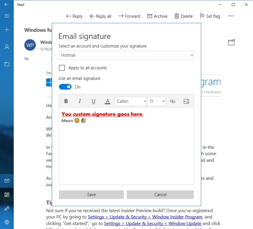 Éditeur de signature personnalisé de l'application Mail sur Windows 10