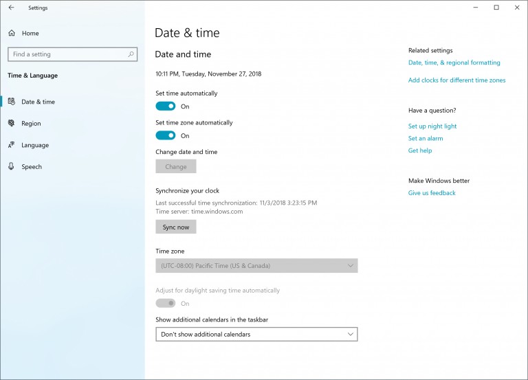 Paramètres de date et d'heure sur Windows 10 version 1903