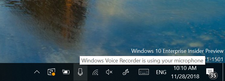 Fonctionnalités de l’icône du microphone sur Windows 10 build 18290