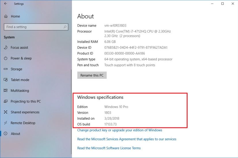 Windows 10 version 1803 À propos de la page des paramètres