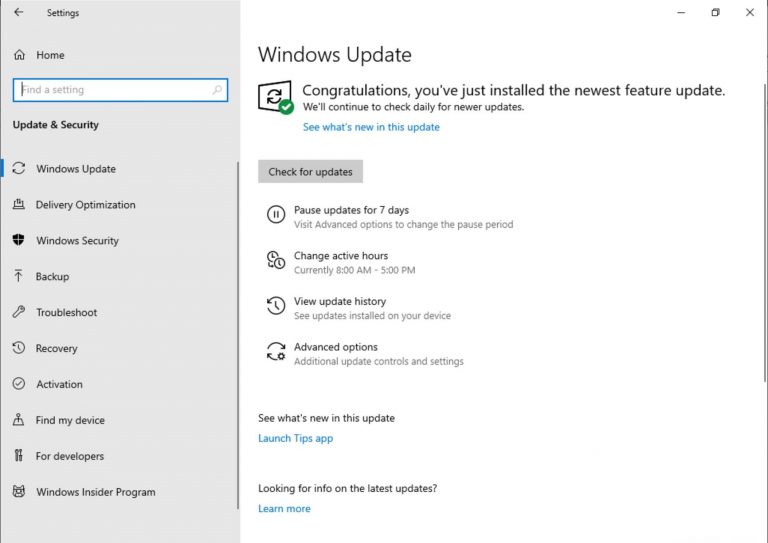 Paramètres de mise à jour de Windows 10 sur la build 18282