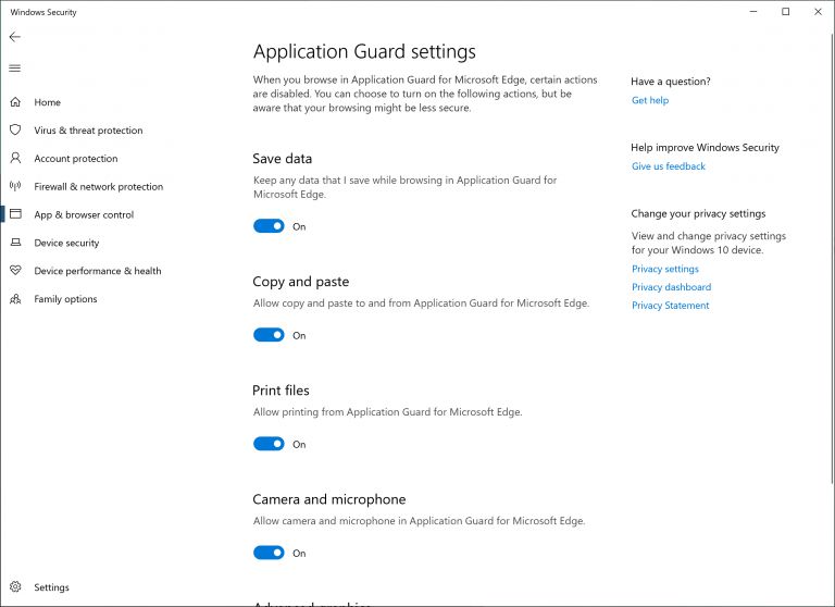 Windows Defender Application Guard pour Windows 10 19H1