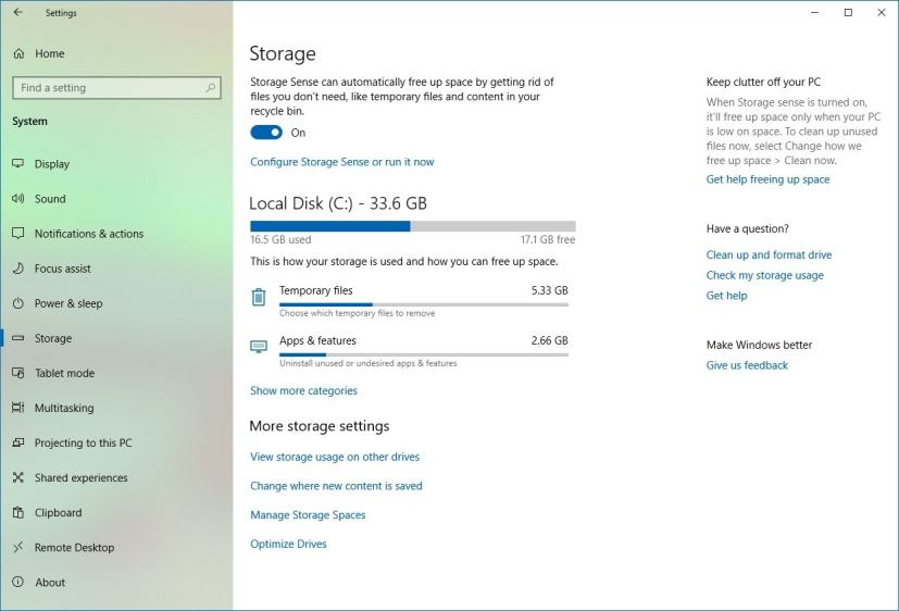 Paramètres de stockage sur Windows 10 19H1