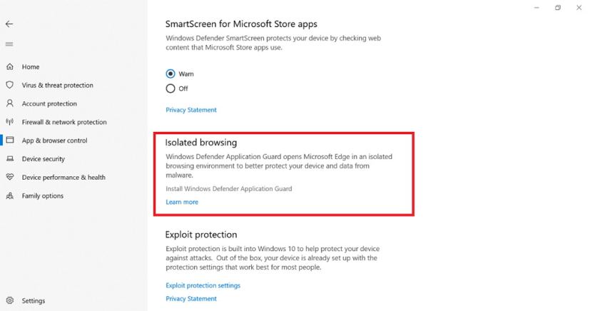 Paramètres de Windows Application Guard sur Windows Defender